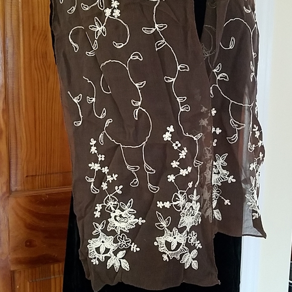 unknown vintage Accessories - Vintage Sheer Scarf Embroidered Brown & Ivory